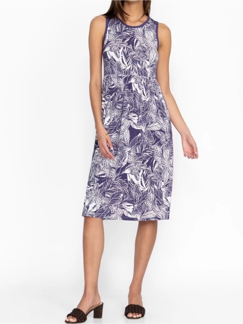 Johnny Was Sleeveless Purple & White Floral Butterfly Midi Dress